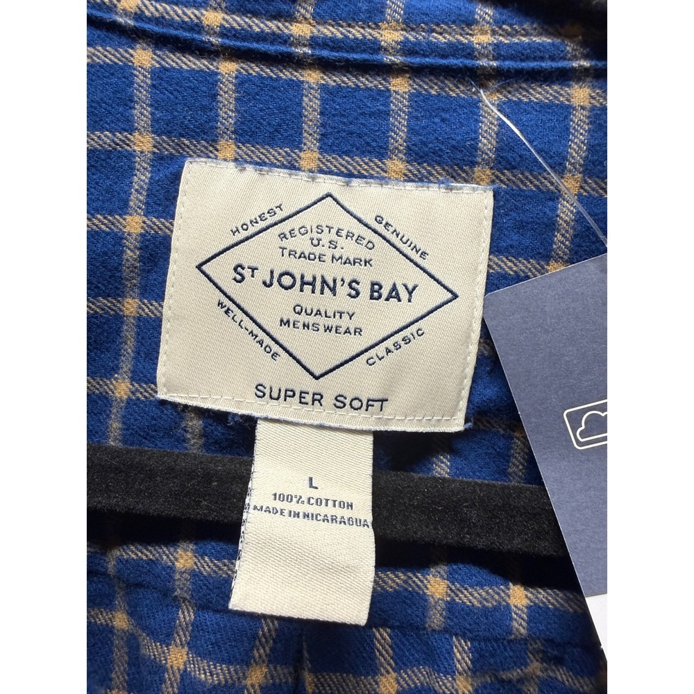 St Johns Bay Mens Super Soft Flannel Shirt Navy Blue Tan Grid FA23SJB1027A L - Picture 2 of 11